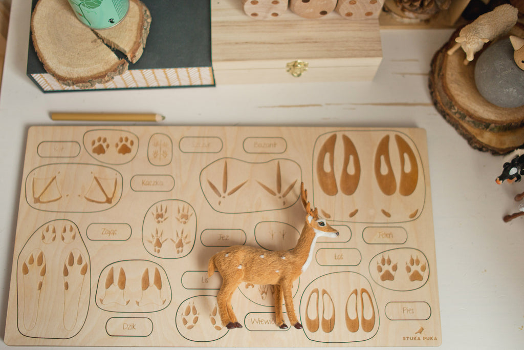 Stuka Puka Puzzle empreintes d'animaux - Puzzle en bois scientifique Stuka Puka -  pédagogie Montessori - jeux éducatifs en bois - Puzzle éducatif en bois
