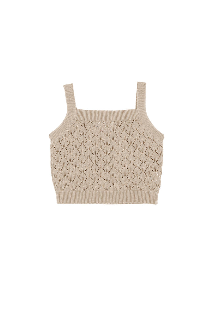 Mipounet Débardeur Dakota beige sable - Débardeur en maille ajourée enfant  - Crop top en maille ajouré enfant 