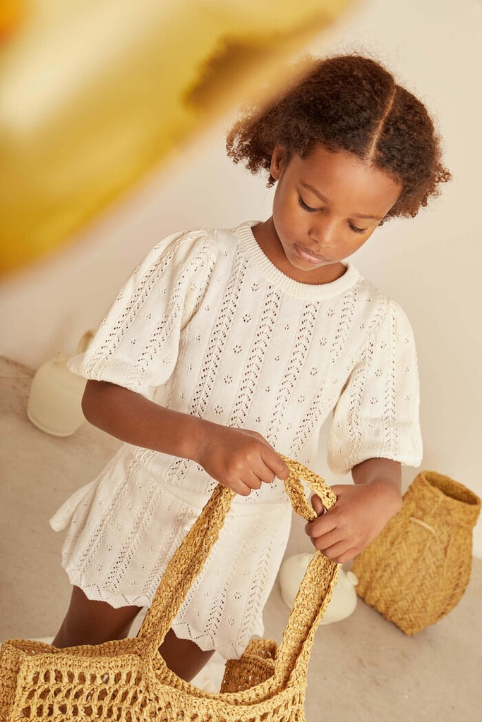 Mipounet Pull Nora écru - Pull ajouré manches ballons écru - Pull enfant - maille d'été enfant