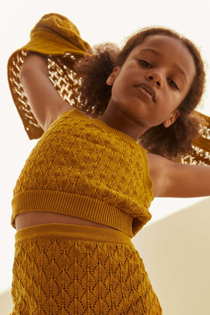 Mipounet Short Dakota olive - Short tricot en maille ajourée enfant  - Culotte taille haute en maille enfant - maille d'été