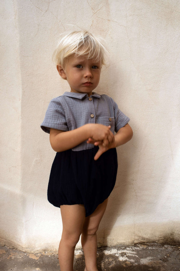 Barboteuse garçon Popelin Kids - Barboteuse col chemise bleue bi-couleur double gaze de coton bio
