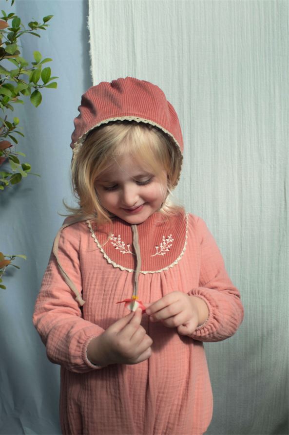 Barboteuse Popelin Kids - Barboteuse bébé rose brodée velours gaze de coton