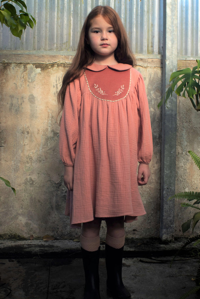 Robe Popelin Kids - Robe rose brodée velours gaze de coton