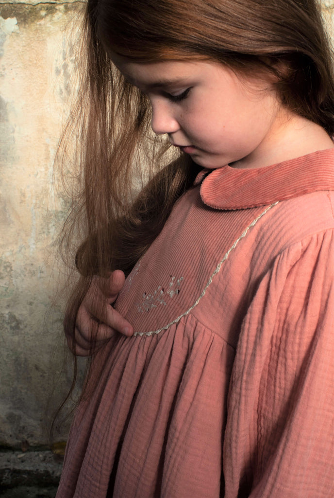 Robe Popelin Kids - Robe rose brodée velours gaze de coton