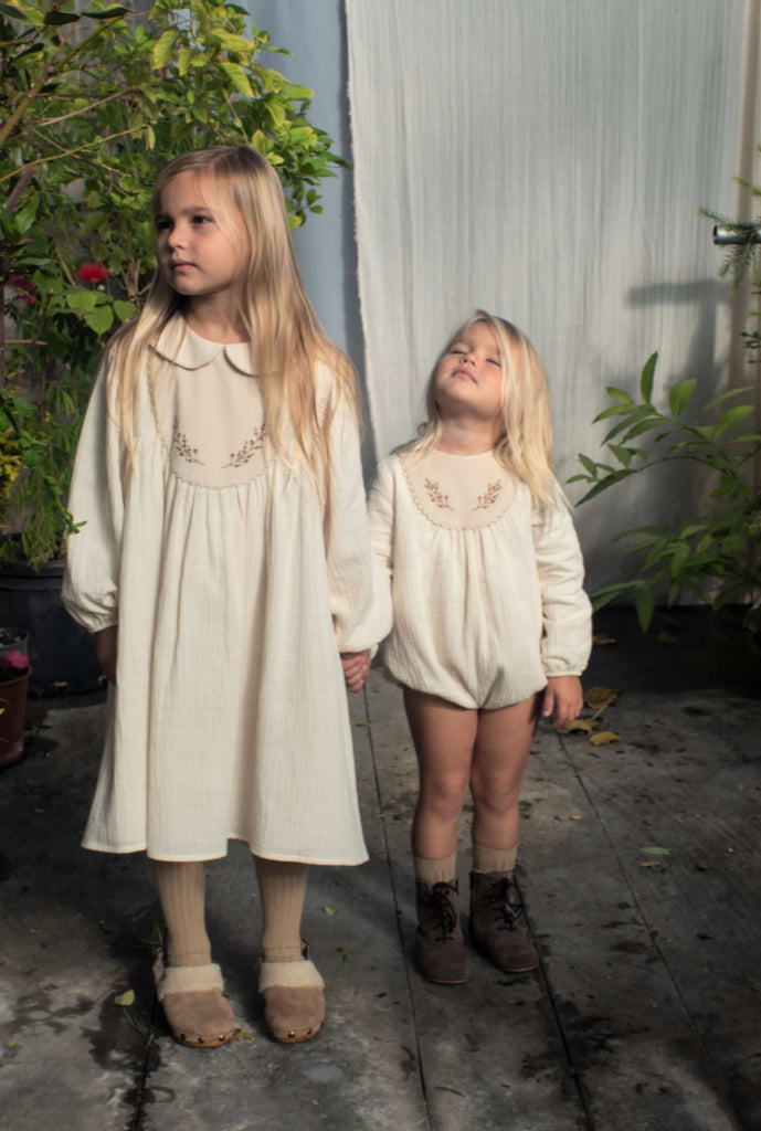 Robe Popelin Kids - Robe ivoire brodée velours gaze de coton