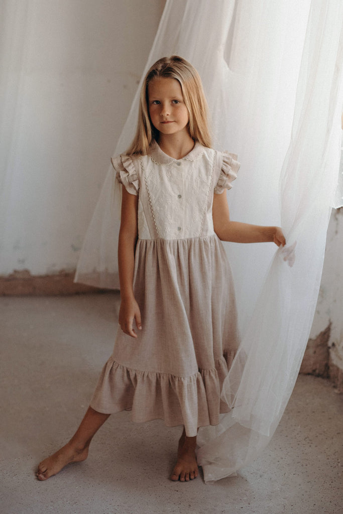Robe longue Popelin Kids beige blanc bretelles effet trompe œil
